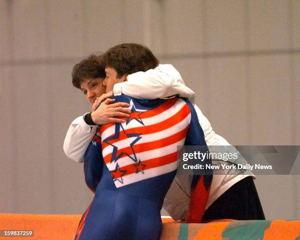 Winter Olympics -- Speedskating, 500m Men's Finals -- Bonnie Blair hugs her husband David Cruikshank after he competed in the 500-meter race.