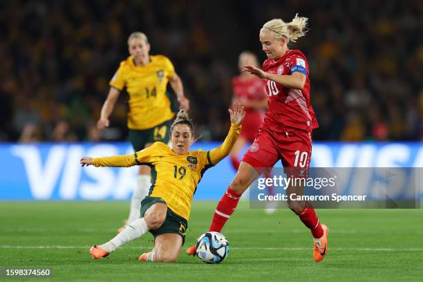 Pernille Harder of Denmark is challenged by Katrina Gorry of Australia during the FIFA Women's World Cup Australia & New Zealand 2023 Round of 16...