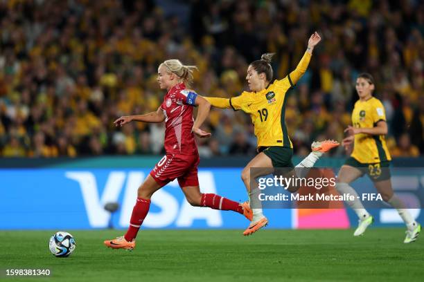 Pernille Harder of Denmark is challenged by Katrina Gorry of Australia during the FIFA Women's World Cup Australia & New Zealand 2023 Round of 16...