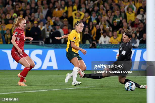 Caitlin Foord of Australia scores her team's first goal during the FIFA Women's World Cup Australia & New Zealand 2023 Round of 16 match between...