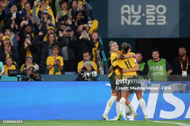 Caitlin Foord of Australia celebrates with teammates after scoring her team's first goal during the FIFA Women's World Cup Australia & New Zealand...