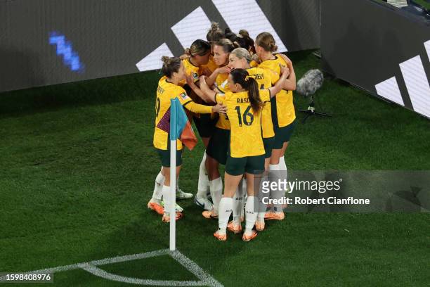 Caitlin Foord of Australia celebrates with teammates after scoring her team's first goal during the FIFA Women's World Cup Australia & New Zealand...