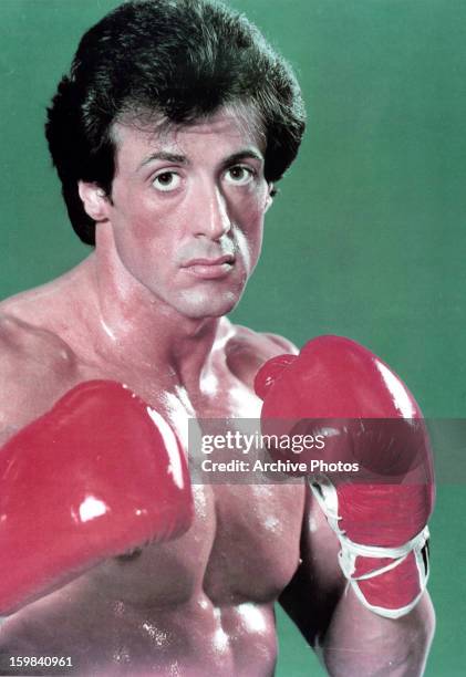 American actor Sylvester Stallone in a publicity portrait for the film 'Rocky', directed by John G Avildsen, 1976.