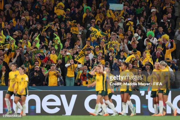 Fans react after Caitlin Foord of Australia scores her team's first goal during the FIFA Women's World Cup Australia & New Zealand 2023 Round of 16...