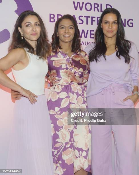 Soha Ali Khan, Geeta Phogat and Neha Dhupia attend the panel discussion for 'world Breastfeeding week' on August 07, 2023 in Mumbai, India