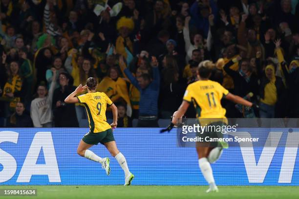 Caitlin Foord of Australia celebrates after scoring her team's first goal during the FIFA Women's World Cup Australia & New Zealand 2023 Round of 16...