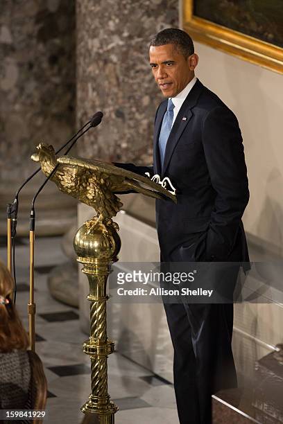 President Barack Obama speaks at the Inaugural Luncheon in Statuary Hall on Inauguration day at the U.S. Capitol building January 21, 2013 in...