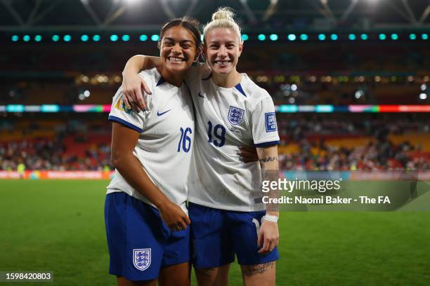 Jess Carter and Bethany England of England celebrate victory following a penalty shoot out during the FIFA Women's World Cup Australia & New Zealand...