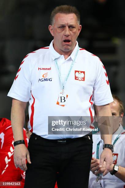 Head coach Michael Biegler of Poland shoutsduring the round of sixteen match between Hungary and Poland at Palau Sant Jordi on January 21, 2013 in...