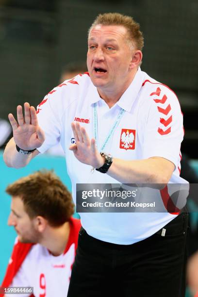 Head coach Michael Biegler of Poland looks dejected during the round of sixteen match between Hungary and Poland at Palau Sant Jordi on January 21,...