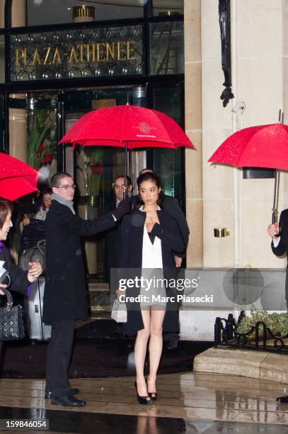 Actress Eriko Hatsune is seen leaving the 'Plaza Athenee' hotel on January 21, 2013 in Paris, France.