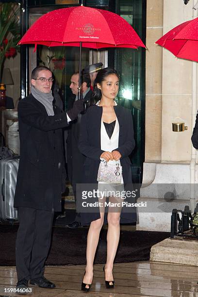 Actress Eriko Hatsune is seen leaving the 'Plaza Athenee' hotel on January 21, 2013 in Paris, France.