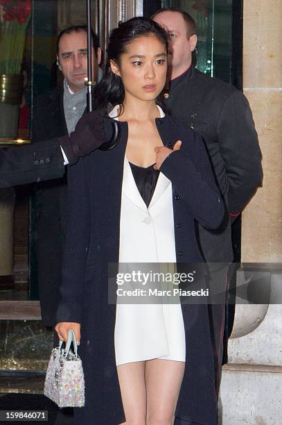 Actress Eriko Hatsune is seen leaving the 'Plaza Athenee' hotel on January 21, 2013 in Paris, France.