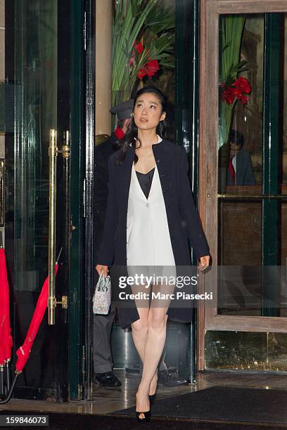 Actress Eriko Hatsune is seen leaving the 'Plaza Athenee' hotel on January 21, 2013 in Paris, France.