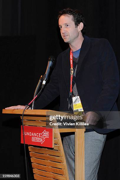 Director of programming at the Sundance Film Festival Trevor Groth speaks at "Stories We Tell" Premiere during the 2013 Sundance Film Festival at The...