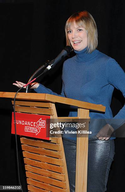 Director Sarah Polley speaks at "Stories We Tell" Premiere during the 2013 Sundance Film Festival at The Marc Theatre on January 21, 2013 in Park...