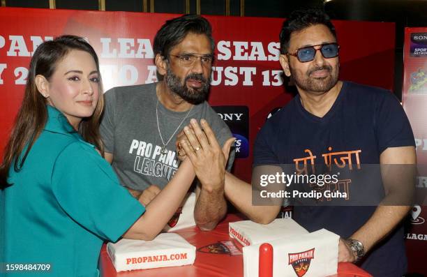 Preeti Jhangiani, Suniel Shetty and Parvin Dabas attend the launch of 'Pro Panja league season 1' on August 07, 2023 in Mumbai, India