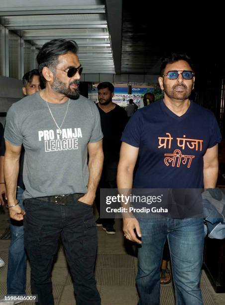 Suniel Shetty and Parvin Dabas attend the launch of 'Pro Panja league season 1' on August 07, 2023 in Mumbai, India