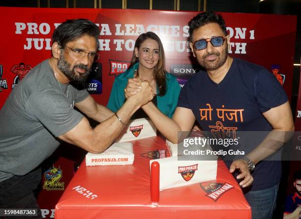 Suniel Shetty, Preeti Jhangiani and Parvin Dabas attend the launch of 'Pro Panja league season 1' on August 07, 2023 in Mumbai, India