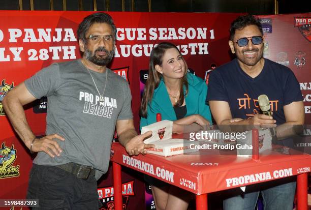Suniel Shetty, Preeti Jhangiani and Parvin Dabas attend the launch of 'Pro Panja league season 1' on August 07, 2023 in Mumbai, India