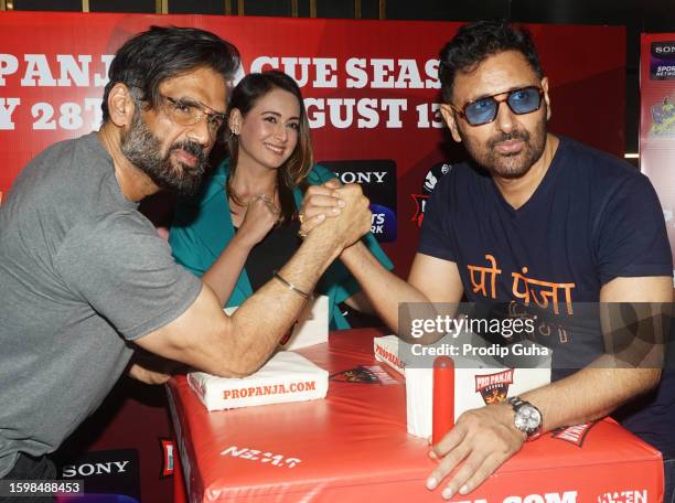 Suniel Shetty, Preeti Jhangiani and Parvin Dabas attend the launch of 'Pro Panja league season 1' on August 07, 2023 in Mumbai, India