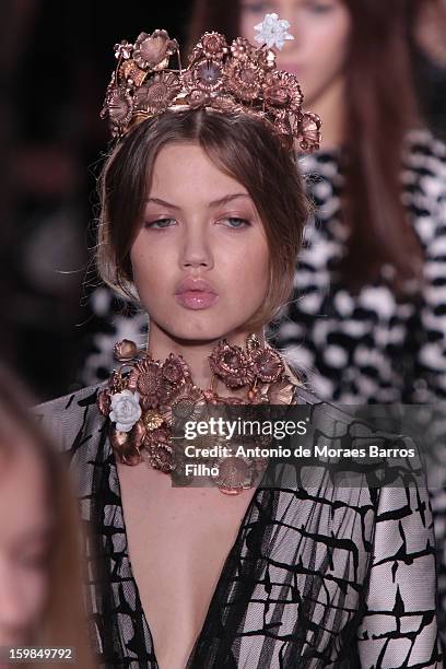 Model walks the runway during Giambattista Valli Spring/Summer 2013 Haute-Couture show as part of Paris Fashion Week at on January 21, 2013 in Paris,...