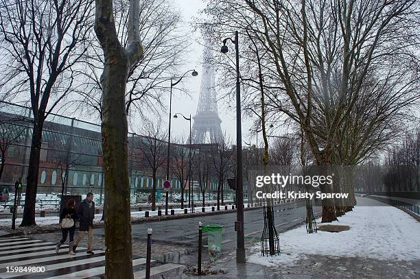 Snow covers the ground on January 21, 2013 in Paris, France. Heavy snowfall fell throughout Europe and the UK causing travel havoc and white layers...