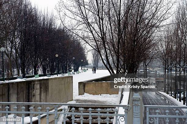 Snow covers the ground on January 21, 2013 in Paris, France. Heavy snowfall fell throughout Europe and the UK causing travel havoc and white layers...