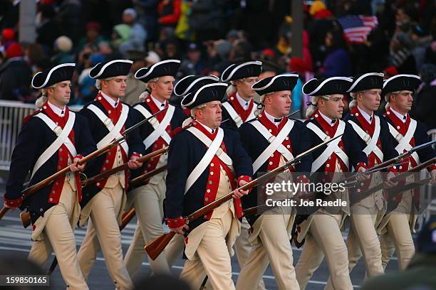 Ceremonial military band marches during the inauguration parade on January 21, 2013 in Washington, DC. President Barack Obama was ceremonially sworn...