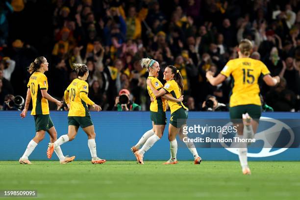 Hayley Raso of Australia celebrates with Ellie Carpenter of Australia after scoring her team's second goal during the FIFA Women's World Cup...
