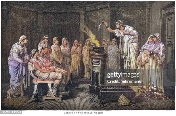 old engraved illustration of school of the vestal virgins (serving in the temple in the ancient rome) - fallen lord stock pictures, royalty-free photos & images