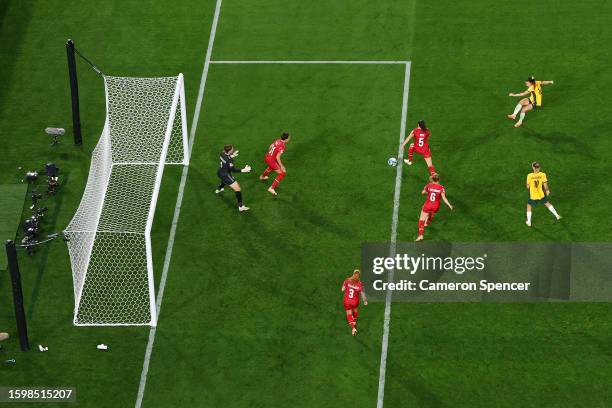 Hayley Raso of Australia scores her team's second goal during the FIFA Women's World Cup Australia & New Zealand 2023 Round of 16 match between...