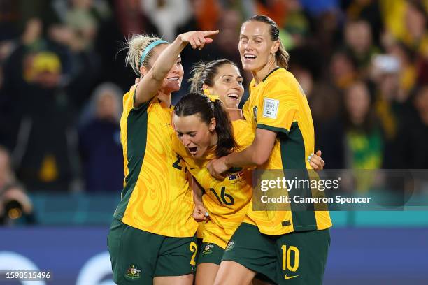 Hayley Raso of Australia celebrates with teammates after scoring her team's second goal during the FIFA Women's World Cup Australia & New Zealand...