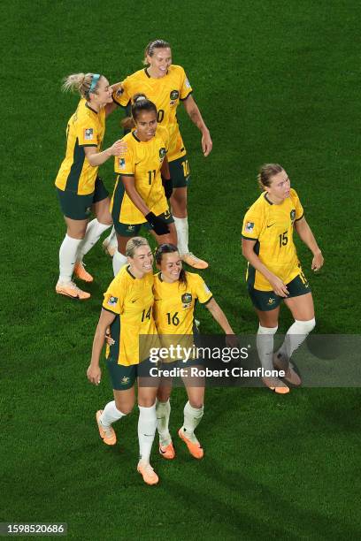 Hayley Raso of Australia celebrates with teammates after scoring her team's second goal during the FIFA Women's World Cup Australia & New Zealand...