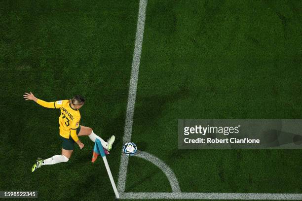 Kyra Cooney-Cross of Australia takes a corner kick during the FIFA Women's World Cup Australia & New Zealand 2023 Round of 16 match between Australia...