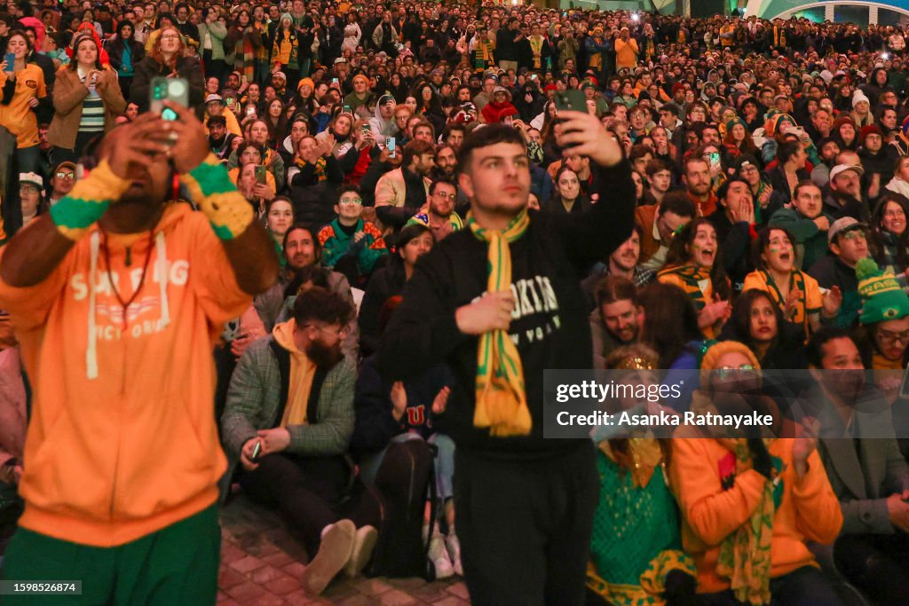 Fans At Melbourne's Federation Square Watch The Matildas FIFA World Cup Game