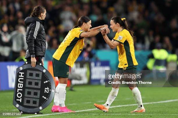 Sam Kerr of Australia is brought in for Hayley Raso during the FIFA Women's World Cup Australia & New Zealand 2023 Round of 16 match between...