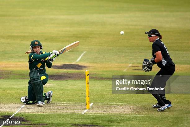 Jodie Fields of Australia bats during the Women's International Twenty20 match between the Australian Southern Stars and New Zealand at Junction Oval...