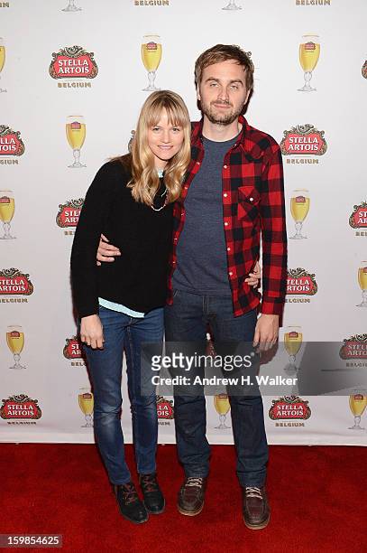 Actress Lindsay Pulsipher and director Calvin Lee Reeder attend the Stella Artois press junket for "The Ramblers" at Village at the Lift on January...