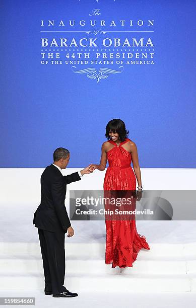 President Barack Obama prepares to dance with first lady Michelle Obama at the Commander-in-Chief Ball on January 21, 2013 in Washington, DC. Pres....