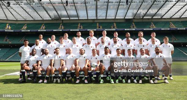 The England World Cup squad pose for a team photograph during the England rugby World Cup squad announcement at Twickenham Stadium on August 07, 2023...