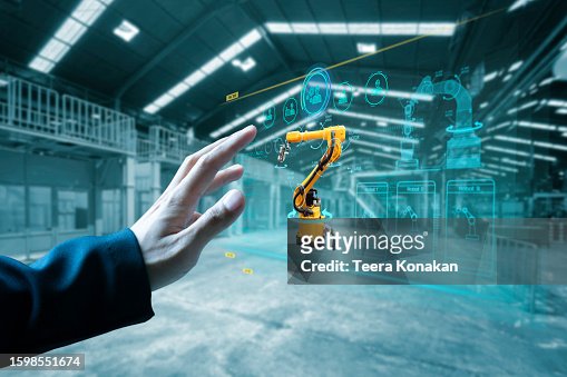 Robot arm and futuristic graphical user interface screen