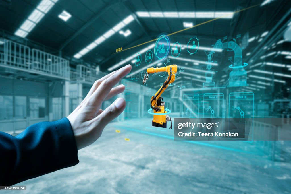 Robotics User Interface Robot Arm And Futuristic Graphical User Interface Screen High-Res Stock ...