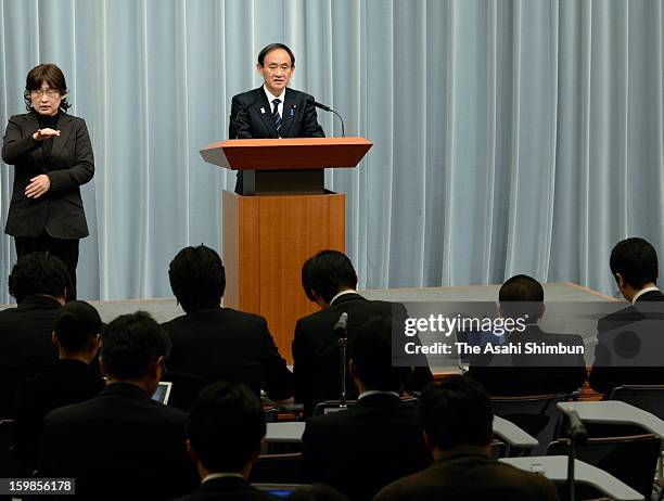 Chief Cabinet Secretary Yoshihide Suga speaks during a press conference after an emergency meeting on Japanese hostage crisis at Algerian plant at...