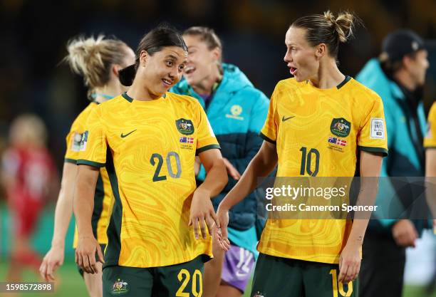 Sam Kerr and Emily Van-Egmond of Australia celebrate the team’s 2-0 victory and advance to the quarter final following the FIFA Women's World Cup...