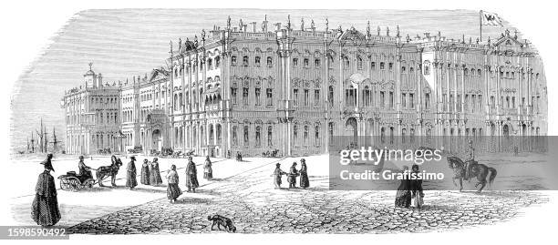 winter palace in saint petersburg 1853 - st petersburg russia stock illustrations