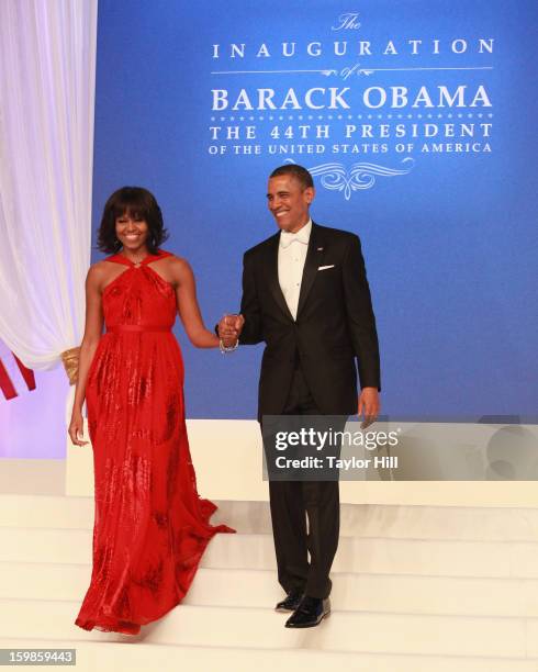 First Lady Michelle Obama and President Barack Obama attend the Inaugural Ball on January 21, 2013 in Washington, United States.