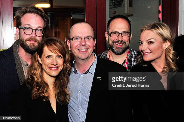 Producer Steven Schardt, director Lynn Shelton, IMDb founder Col Needham, SIFF's Carl Spence and director Lucy Walker attend the IMDb Sundance dinner...