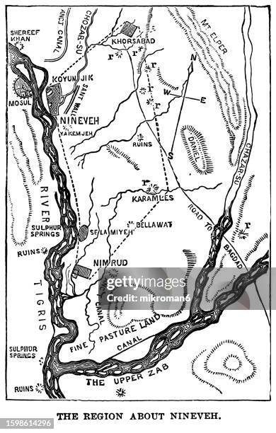 old engraved map of the region about nineve, assyria - tigris river stock-fotos und bilder
