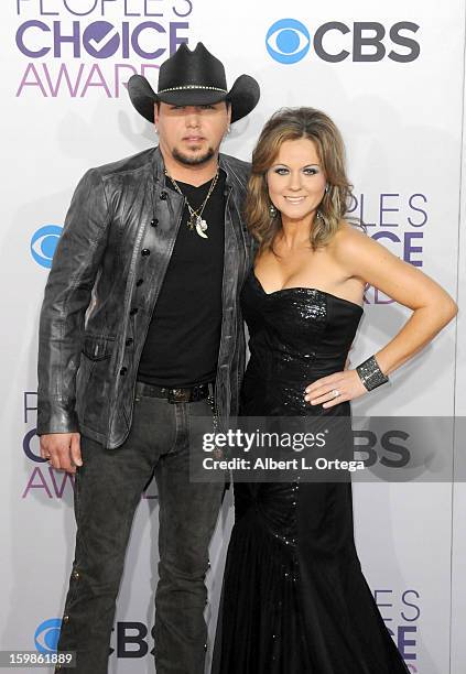 Country singer Jason Aldean and wife Jessica Aldean arrive for the 34th Annual People's Choice Awards - Arrivals held at Nokia Theater at L.A. Live...